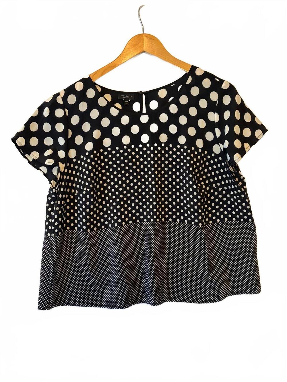 Talbots Woman Petites 14WP 100% Silk Black White Polka Dot Blouse Short Sleeve
